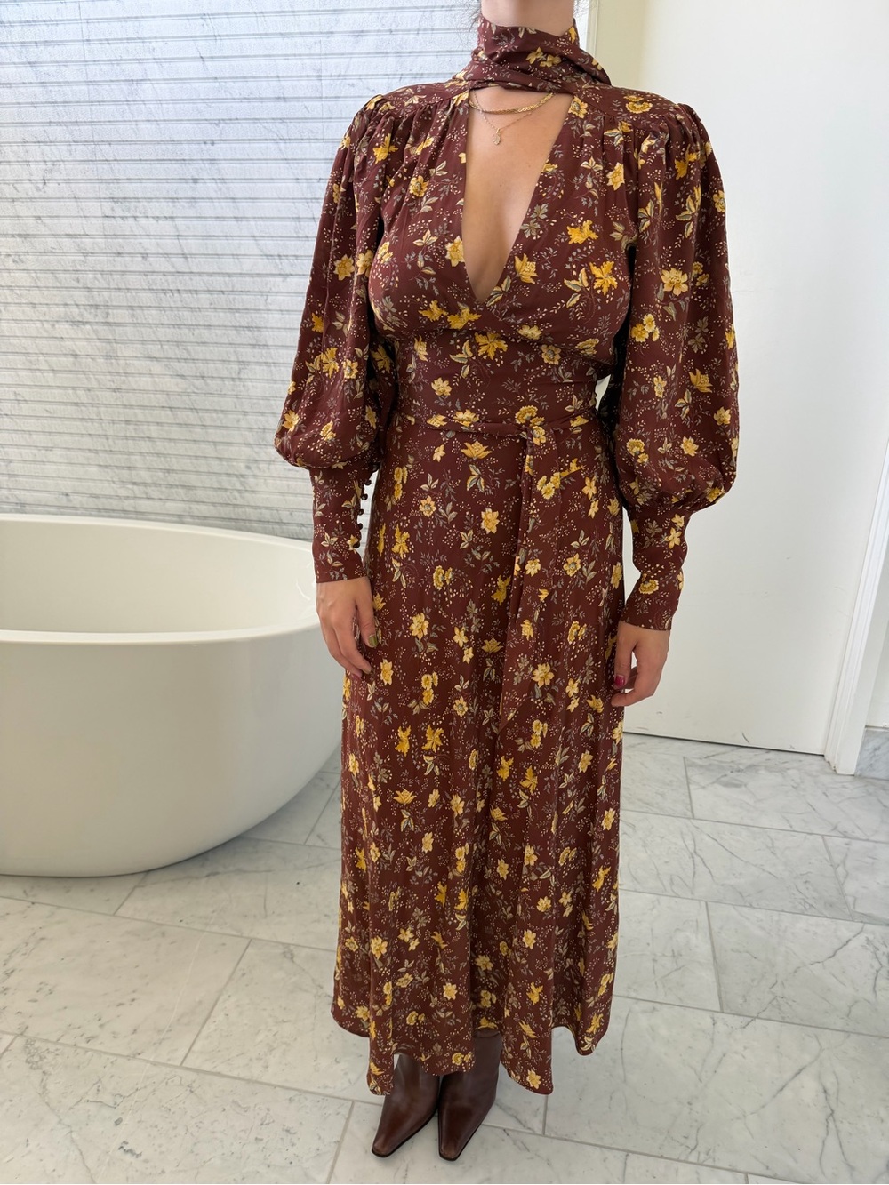 DOEN Blossom Dress Brown Floral Maxi Dress with Scarf Neck
